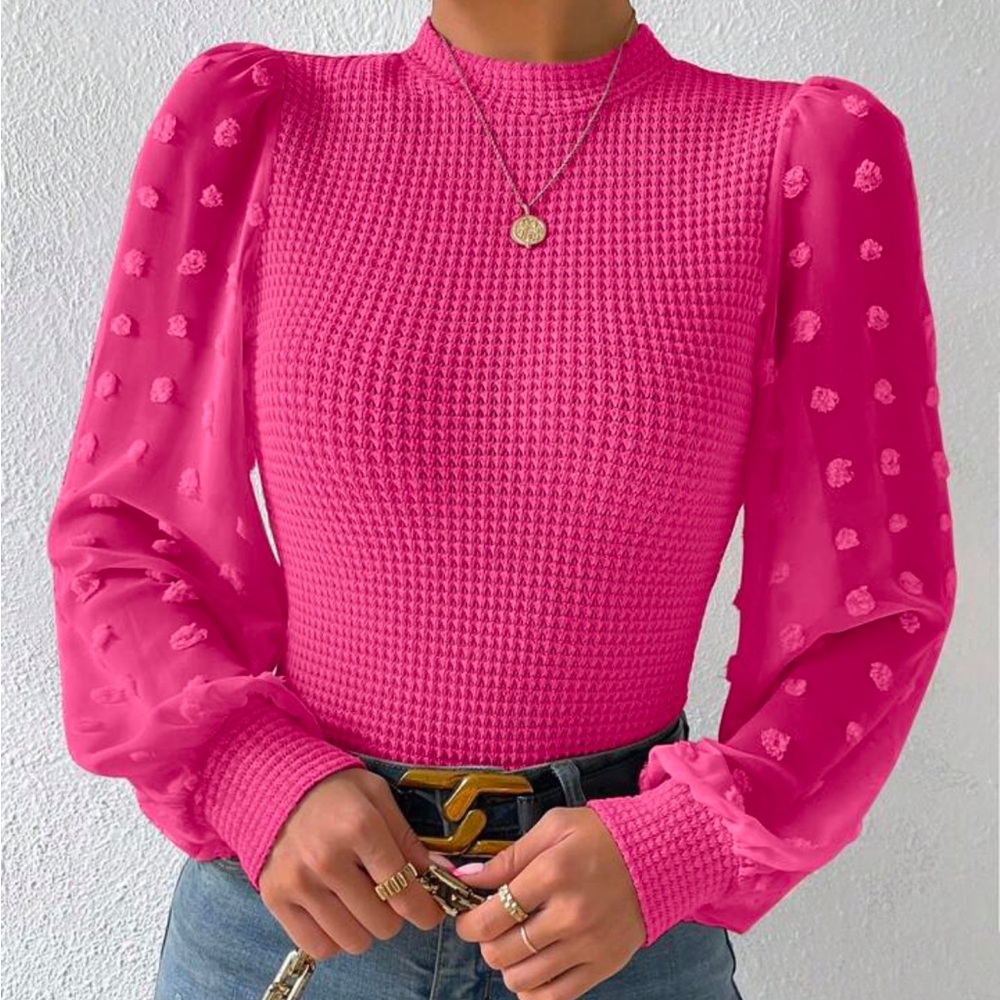 SHEIN Raffinéa Swiss Dot Lantern Sleeve Mock Neck Top